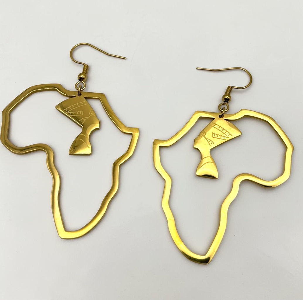 Africa Map Nefertiti Stainless Steel Earrings