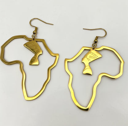 Africa Map Nefertiti Stainless Steel Earrings