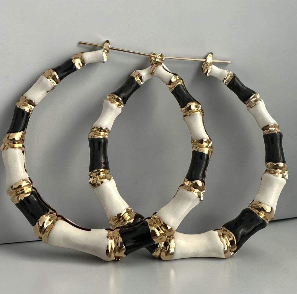 7cm Black & White Bamboo Hoop Earrings