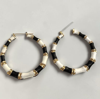 7cm Black & White Bamboo Hoop Earrings