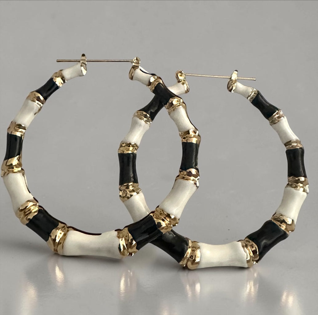 7cm Black & White Bamboo Hoop Earrings