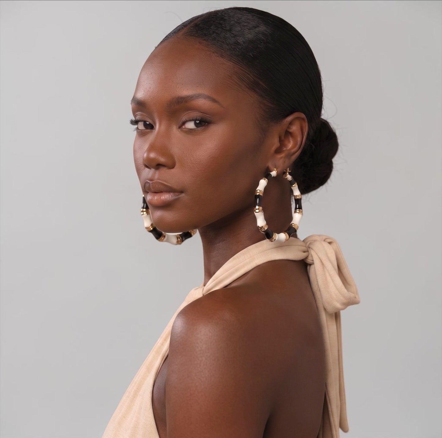 7cm Black & White Bamboo Hoop Earrings