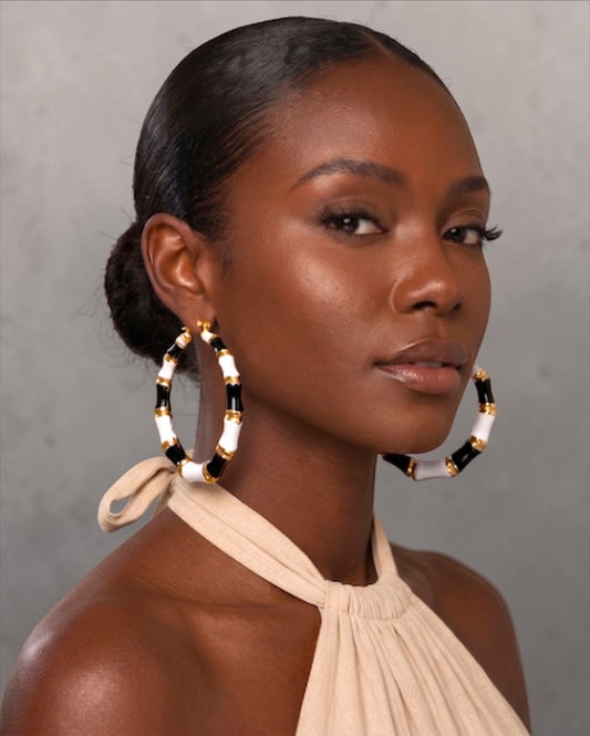 7cm Black & White Bamboo Hoop Earrings