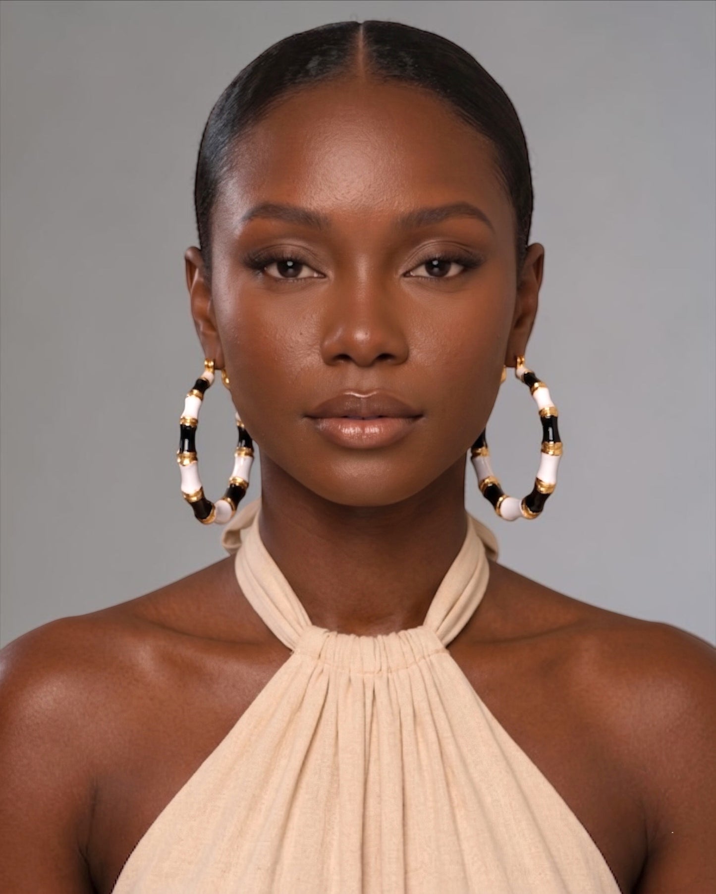 7cm Black & White Bamboo Hoop Earrings