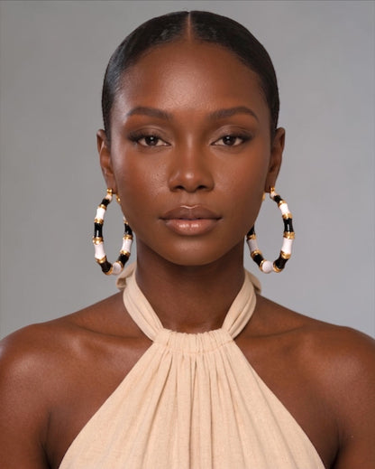 7cm Black & White Bamboo Hoop Earrings