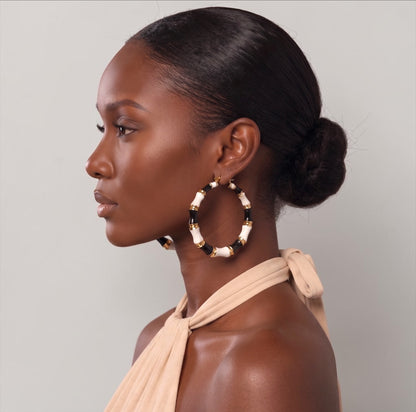 7cm Black & White Bamboo Hoop Earrings