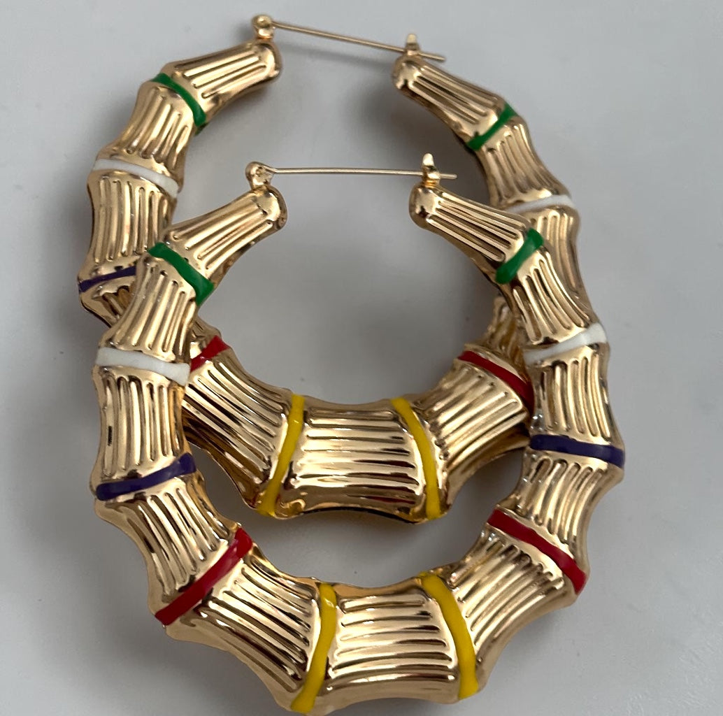 Chunky Bamboo Hoop Earrings, Gold Retro Statement Earrings Fatisha Boutique