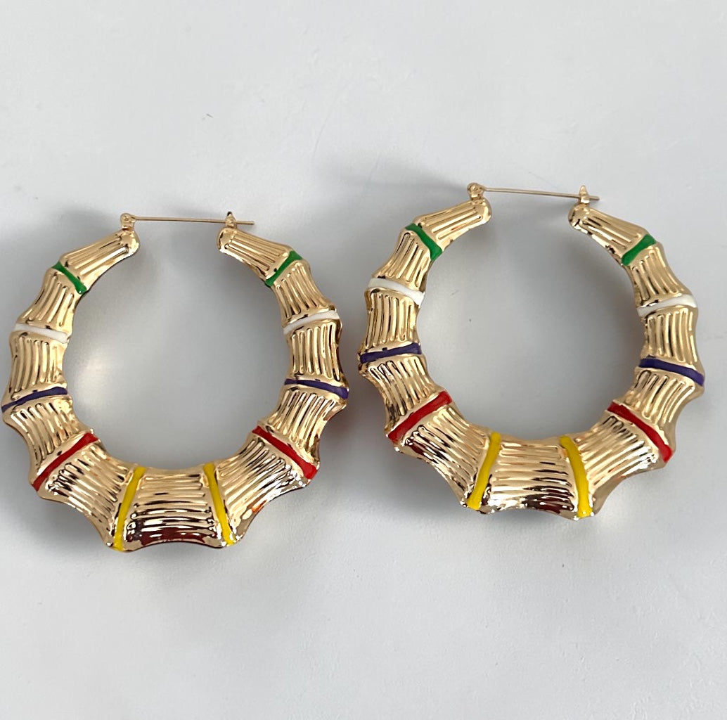 Chunky Bamboo Hoop Earrings, Gold Retro Statement Earrings Fatisha Boutique