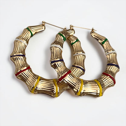Chunky Bamboo Hoop Earrings, Gold Retro Statement Earrings
