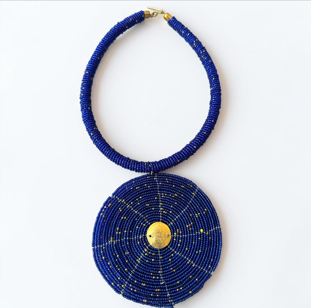 Handmade Blue African Beaded Disc Statement Necklace