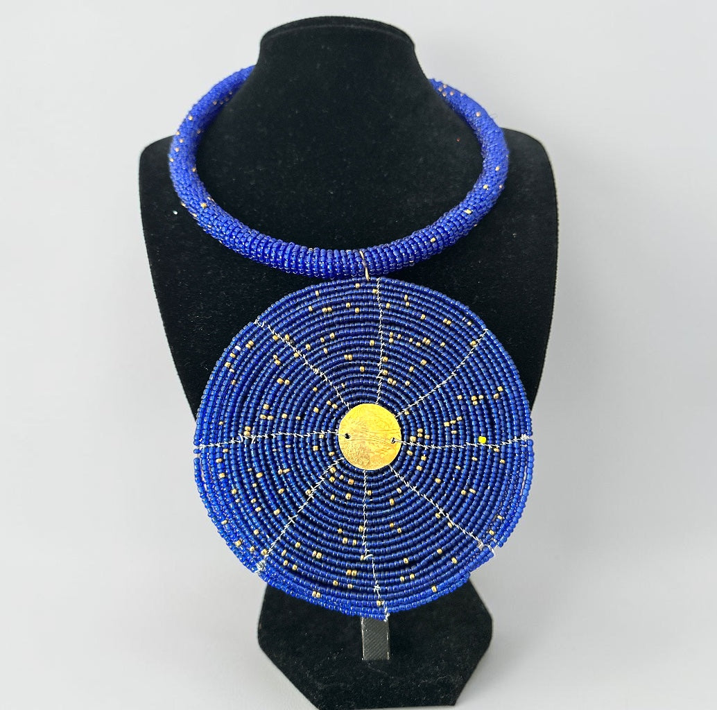 Handmade Blue African Beaded Disc Statement Necklace