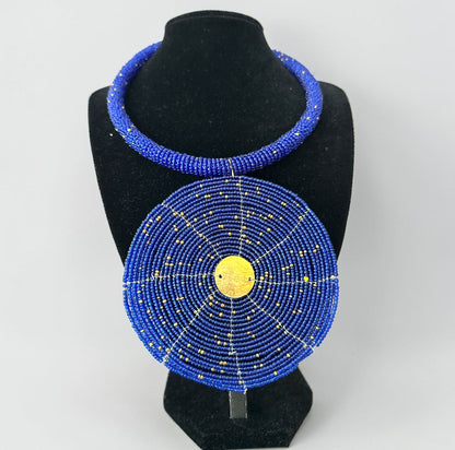 Handmade Blue African Beaded Disc Statement Necklace