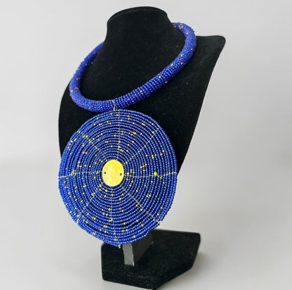 Handmade Blue African Beaded Disc Statement Necklace