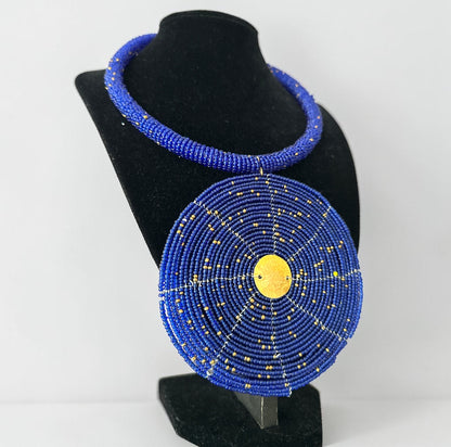Handmade Blue African Beaded Disc Statement Necklace