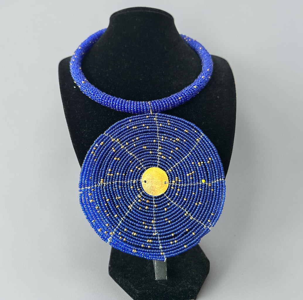 Handmade Blue African Beaded Disc Statement Necklace