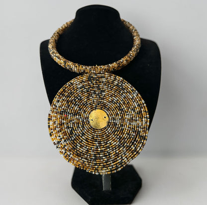 Handmade Brown, Black & Gold African Beaded Disc Statement Necklace