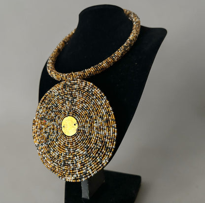 Handmade Brown, Black & Gold African Beaded Disc Statement Necklace