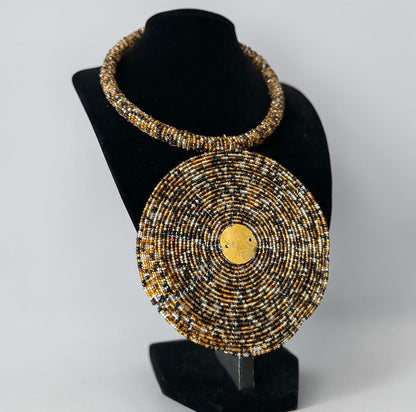 Handmade Brown, Black & Gold African Beaded Disc Statement Necklace