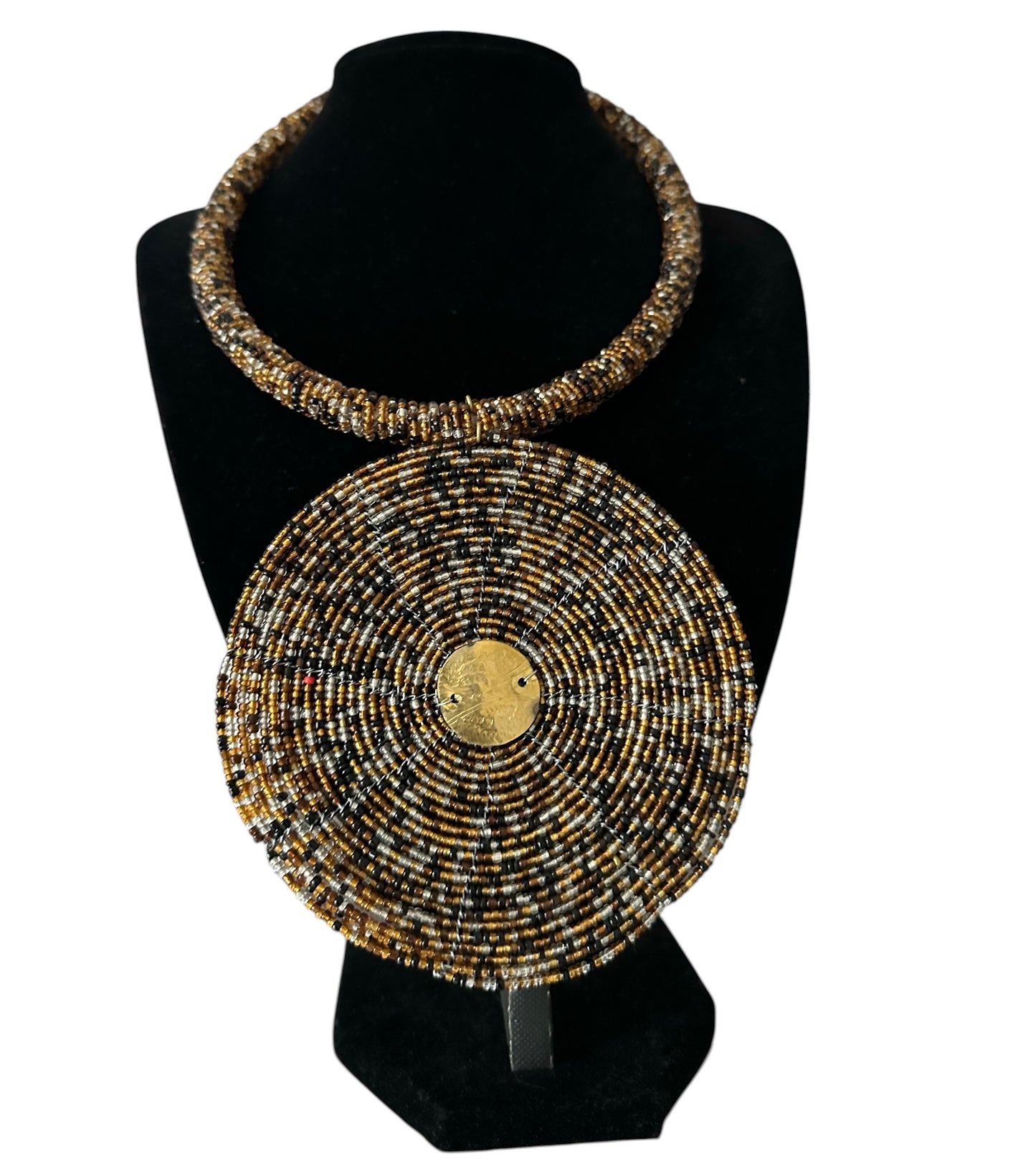 Handmade Brown, Black & Gold African Beaded Disc Statement Necklace
