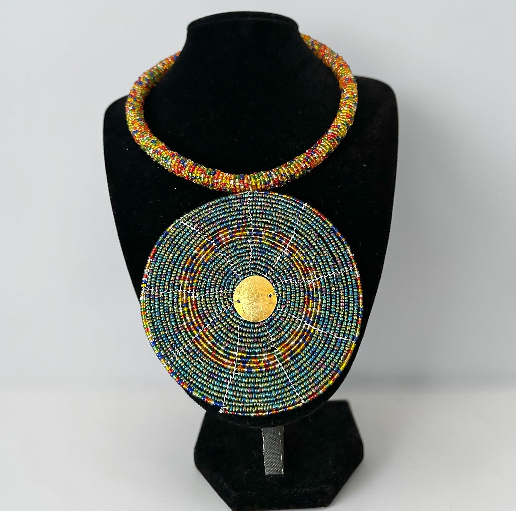 Handmade Multicolour African Beaded Disc Statement Necklace