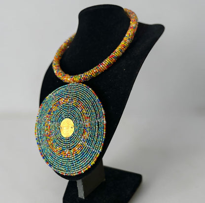 Handmade Multicolour African Beaded Disc Statement Necklace