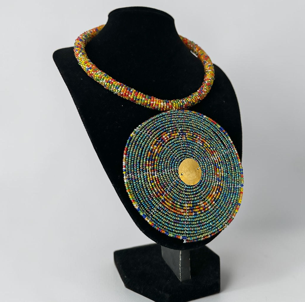 Handmade Multicolour African Beaded Disc Statement Necklace