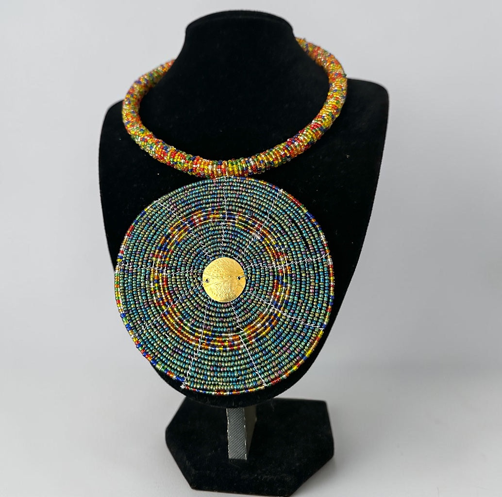 Handmade Multicolour African Beaded Disc Statement Necklace