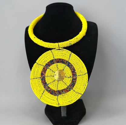 Maasai Yellow Beaded Disc Necklace | African Tribal Statement Jewellery