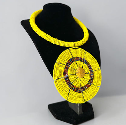 Maasai Yellow Beaded Disc Necklace | African Tribal Statement Jewellery