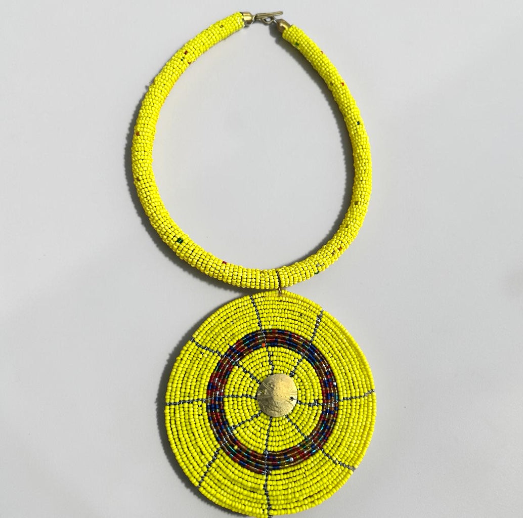 Maasai Yellow Beaded Disc Necklace | African Tribal Statement Jewellery Fatisha Boutique