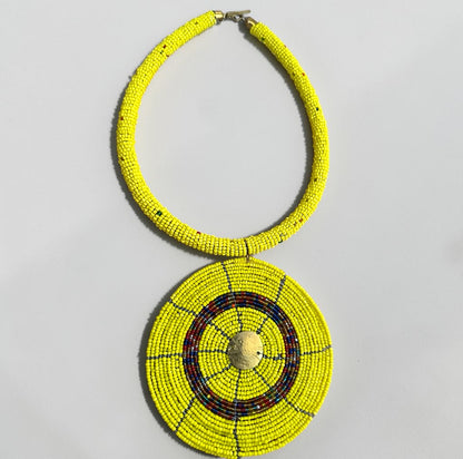 Maasai Yellow Beaded Disc Necklace | African Tribal Statement Jewellery