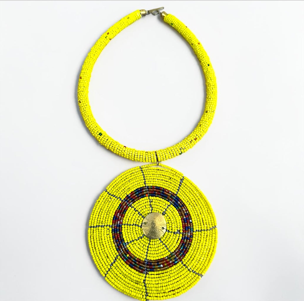 Maasai Yellow Beaded Disc Necklace | African Tribal Statement Jewellery
