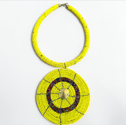 Maasai Yellow Beaded Disc Necklace | African Tribal Statement Jewellery