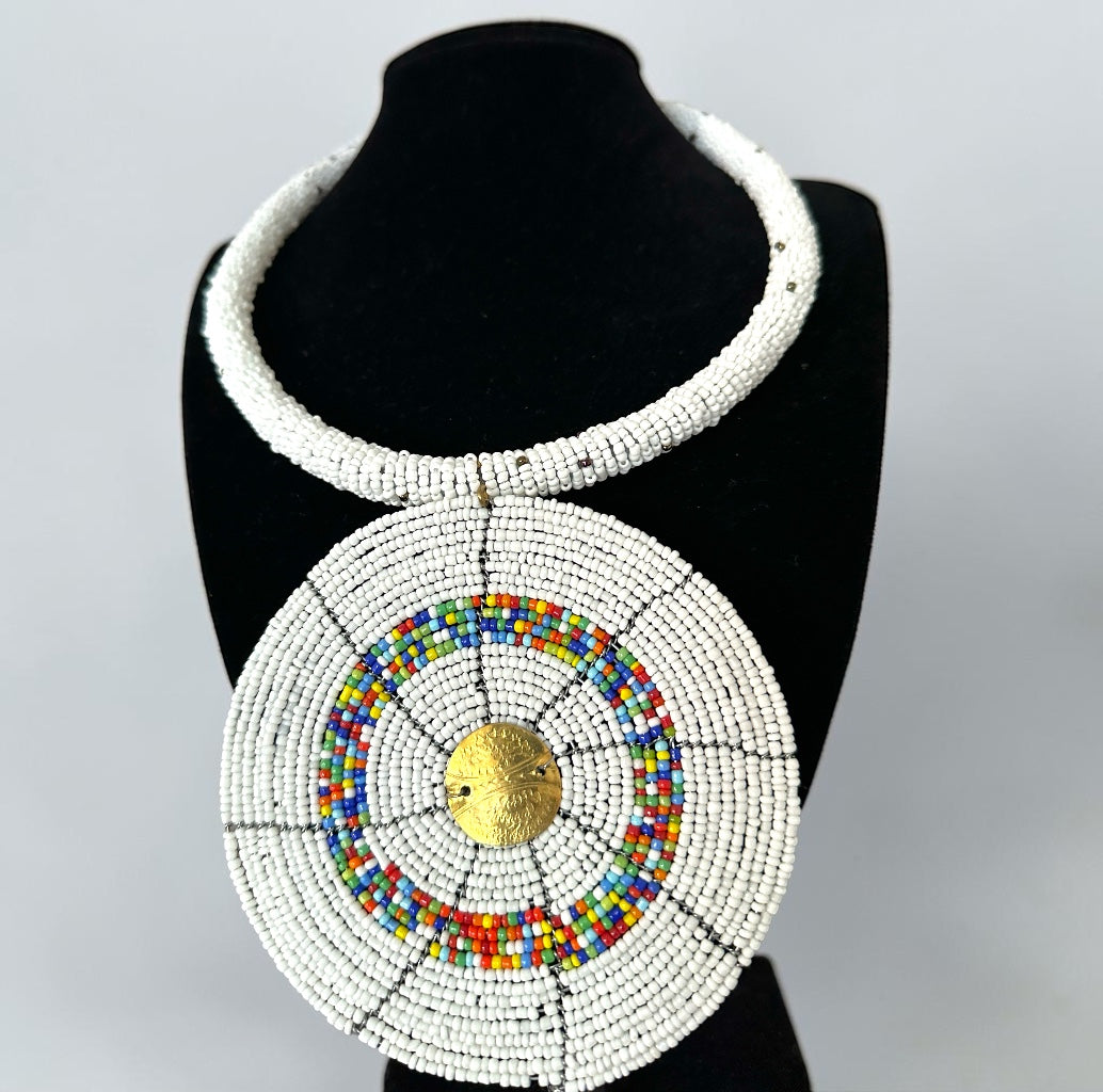 Maasai White Beaded Disc Necklace | African Tribal Statement Jewellery Fatisha Boutique