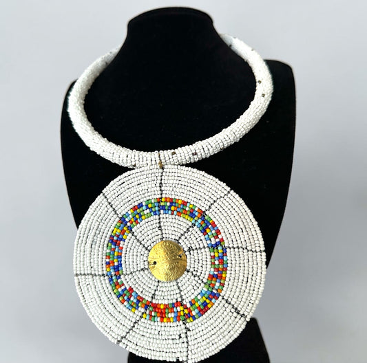 Maasai White Beaded Disc Necklace | African Tribal Statement Jewellery