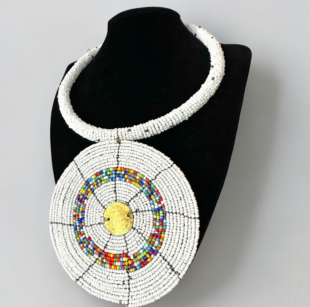 Maasai White Beaded Disc Necklace | African Tribal Statement Jewellery Fatisha Boutique