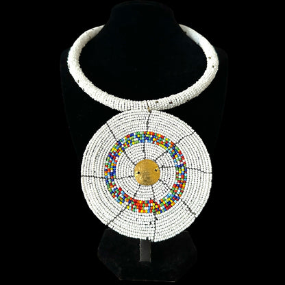 Maasai White Beaded Disc Necklace | African Tribal Statement Jewellery