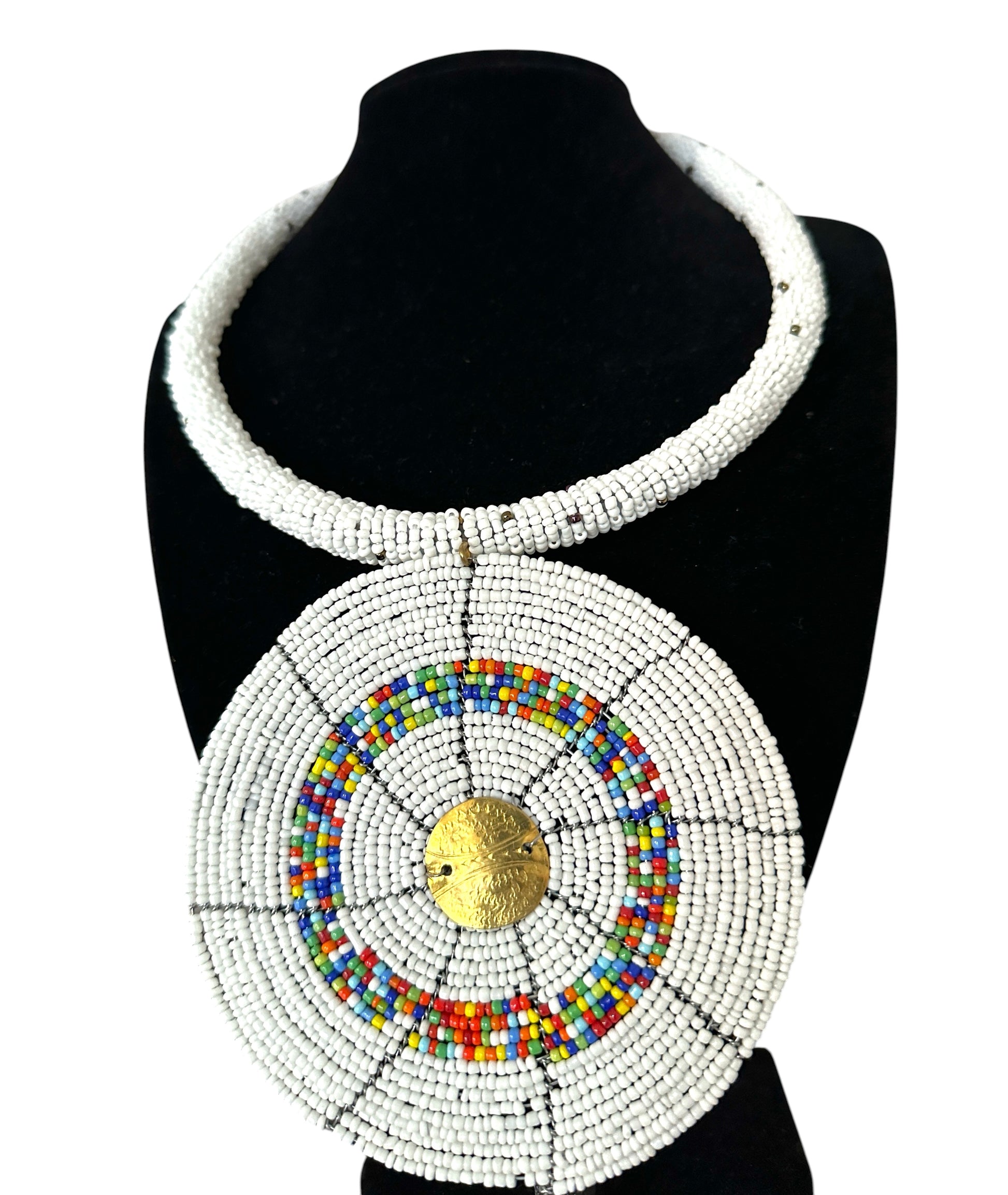 Maasai White Beaded Disc Necklace | African Tribal Statement Jewellery