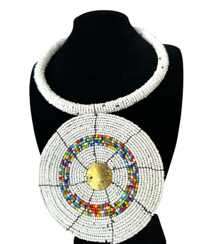Maasai White Beaded Disc Necklace | African Tribal Statement Jewellery