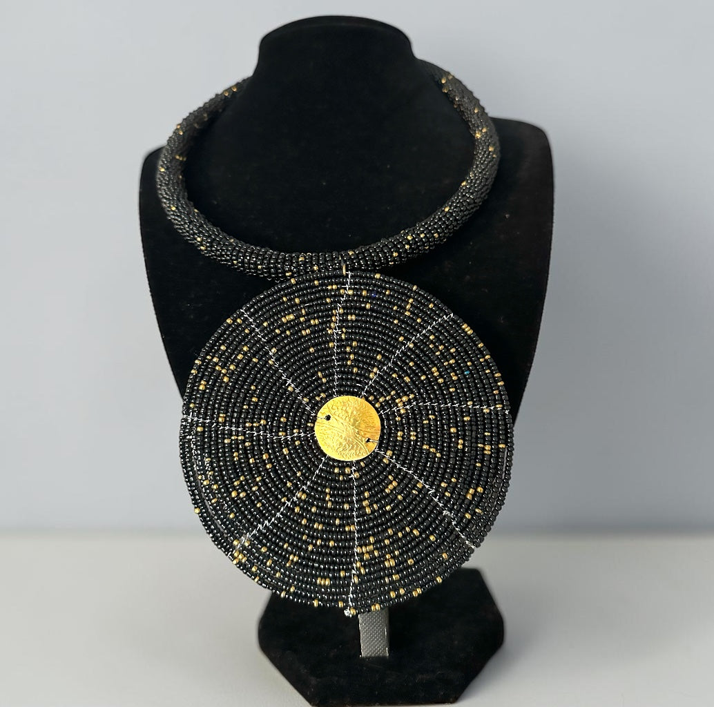 Maasai Black & Gold Beaded Disc Necklace | African Statement Jewellery Fatisha Boutique