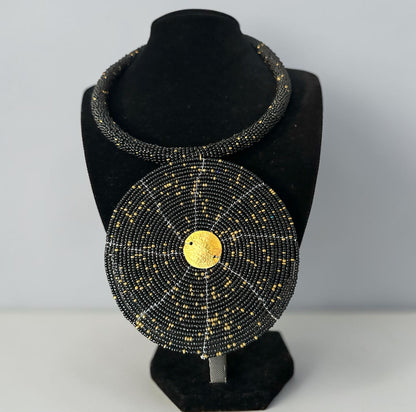 Maasai Black & Gold Beaded Disc Necklace | African Statement Jewellery