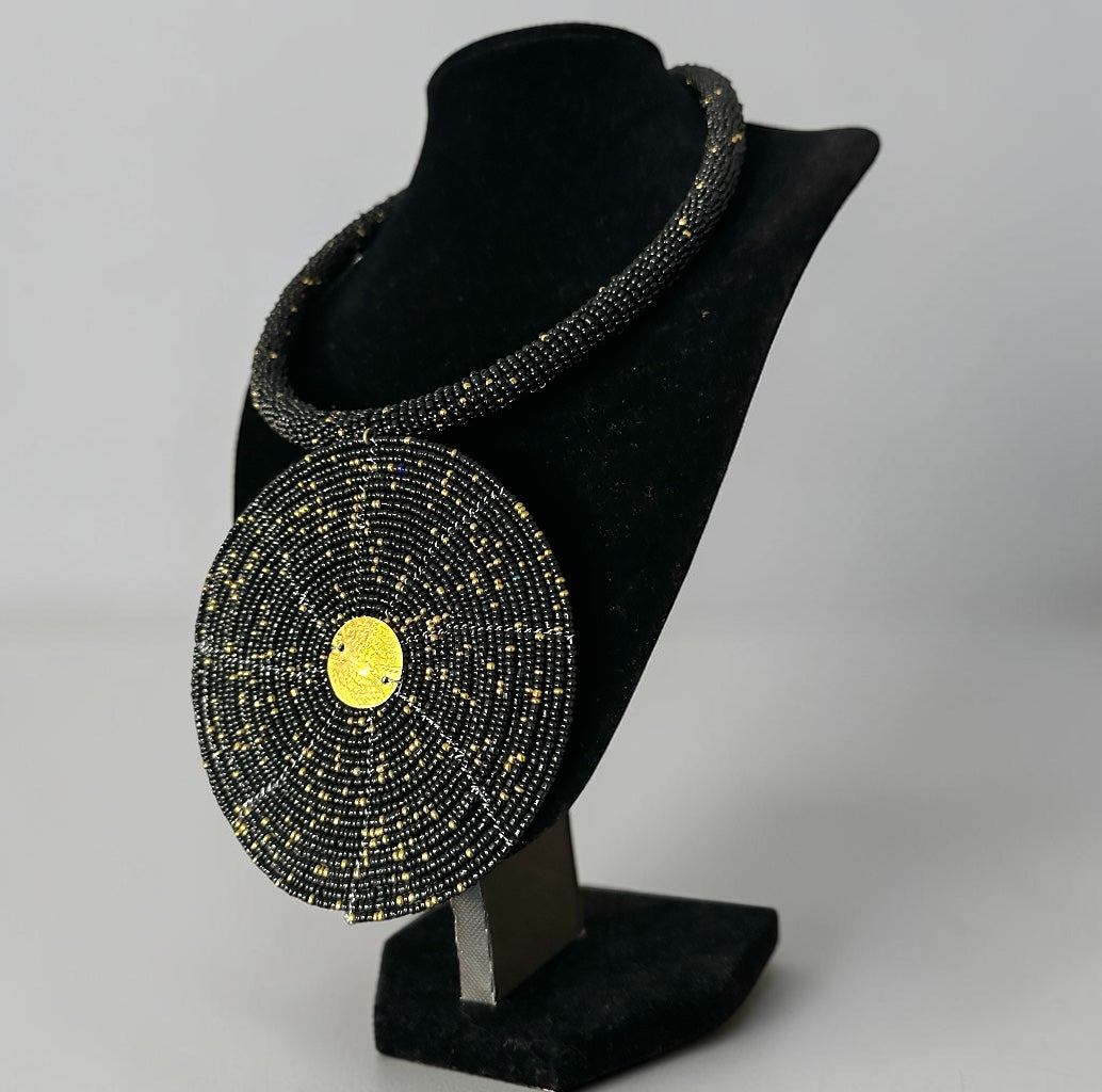 Maasai Black & Gold Beaded Disc Necklace | African Statement Jewellery Fatisha Boutique