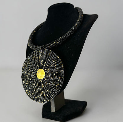 Maasai Black & Gold Beaded Disc Necklace | African Statement Jewellery