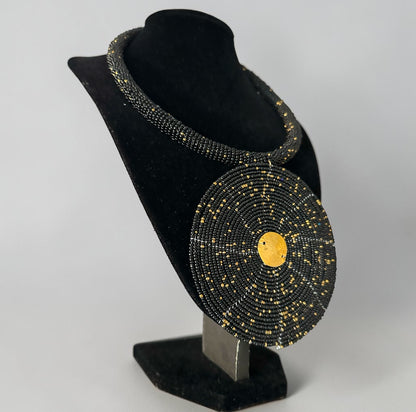 Maasai Black & Gold Beaded Disc Necklace | African Statement Jewellery
