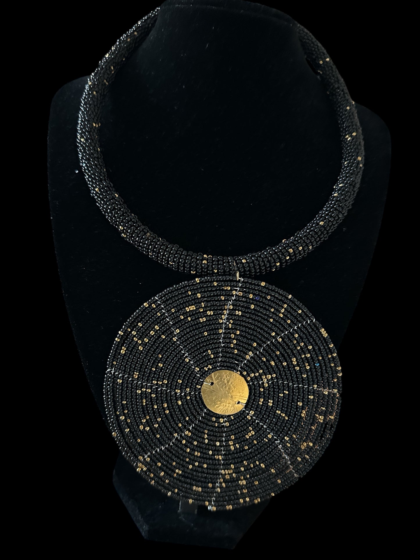 Maasai Black & Gold Beaded Disc Necklace | African Statement Jewellery Fatisha Boutique