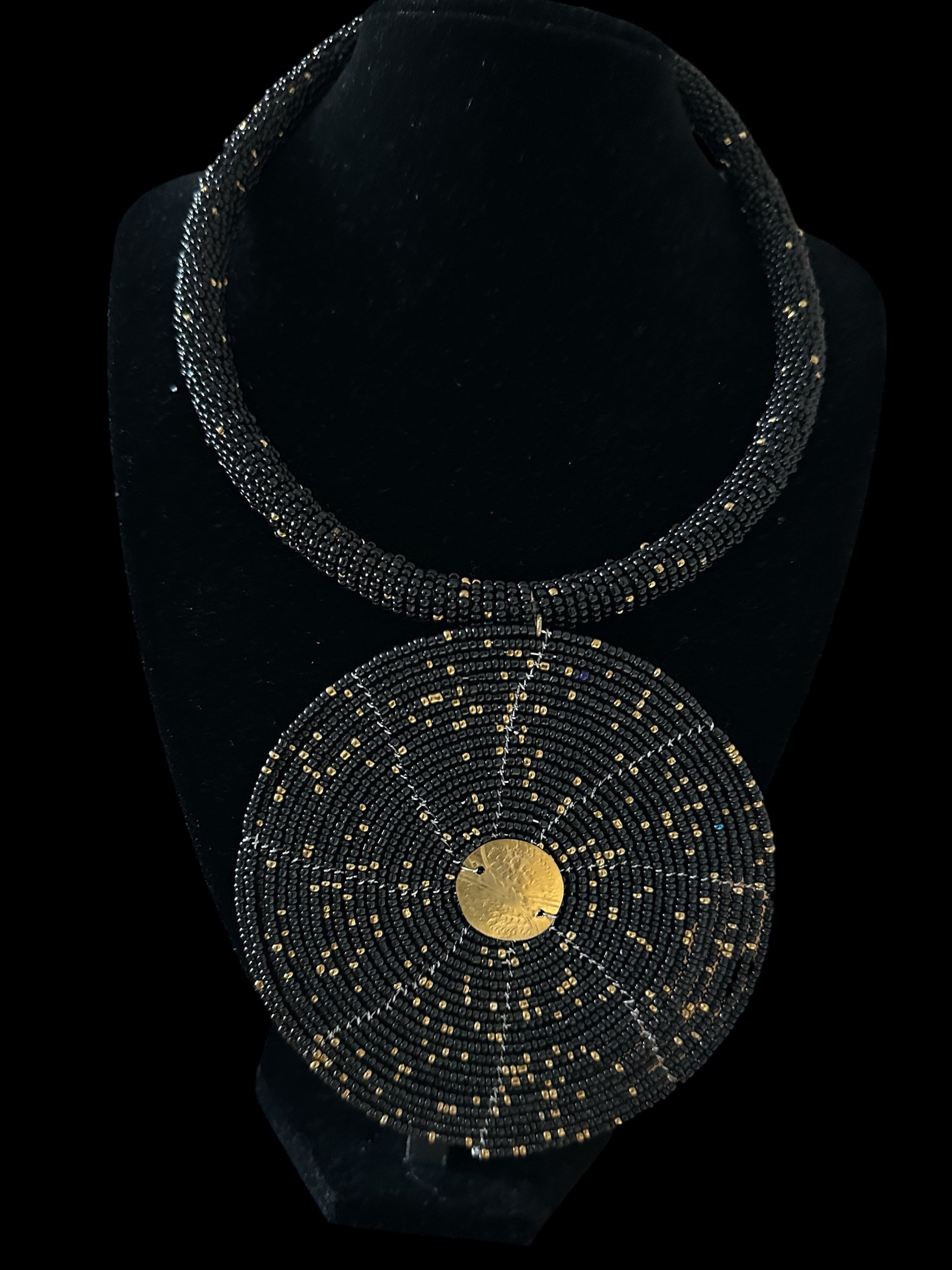 Maasai Black & Gold Beaded Disc Necklace | African Statement Jewellery