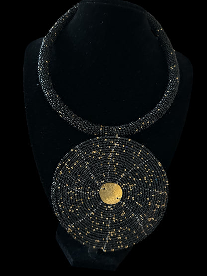 Maasai Black & Gold Beaded Disc Necklace | African Statement Jewellery