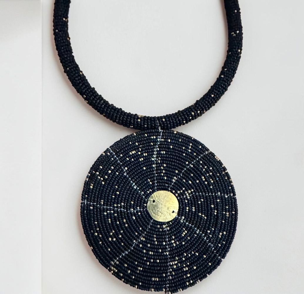 Maasai Black & Gold Beaded Disc Necklace | African Statement Jewellery Fatisha Boutique