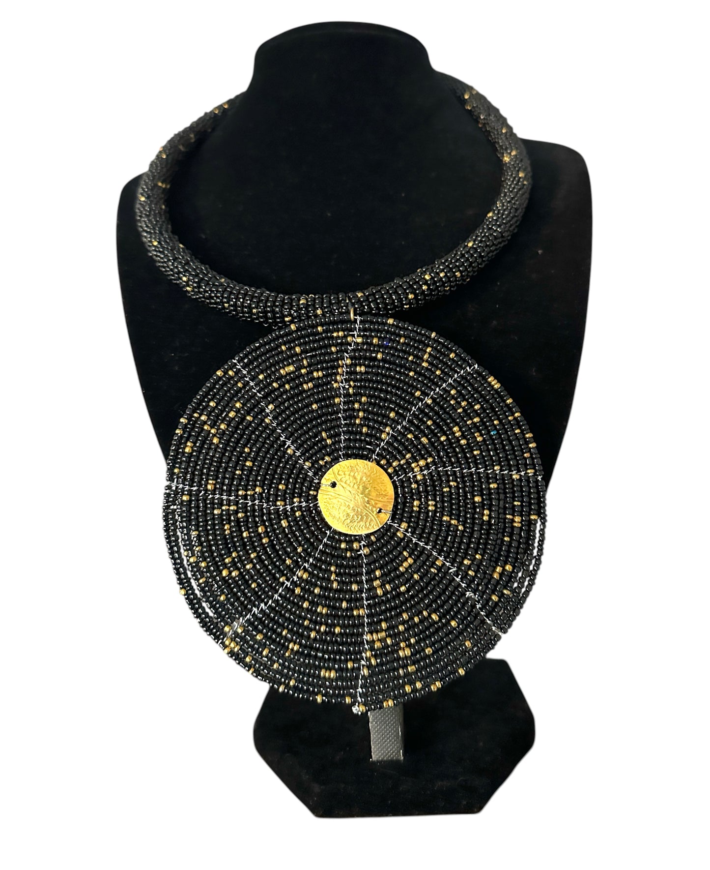 Maasai Black & Gold Beaded Disc Necklace | African Statement Jewellery Fatisha Boutique