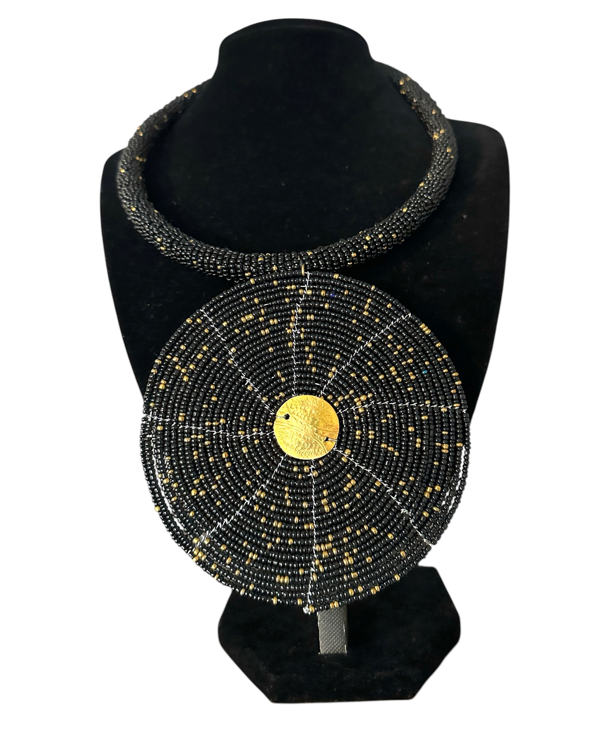 Maasai Black & Gold Beaded Disc Necklace | African Statement Jewellery